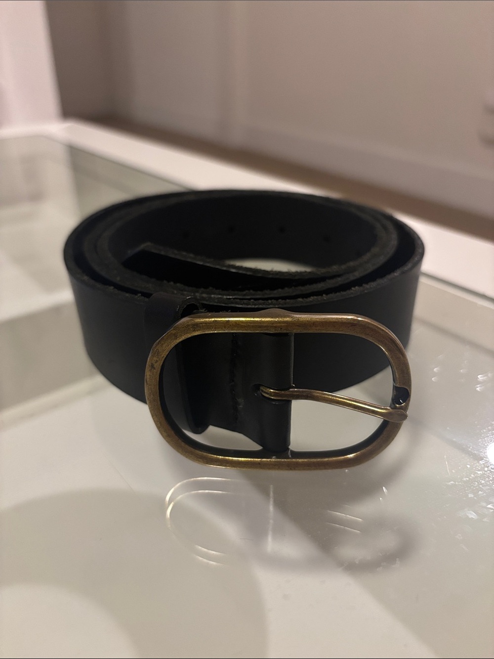 Black Leather women’s  Belt with Antique Brass Oval Buckle